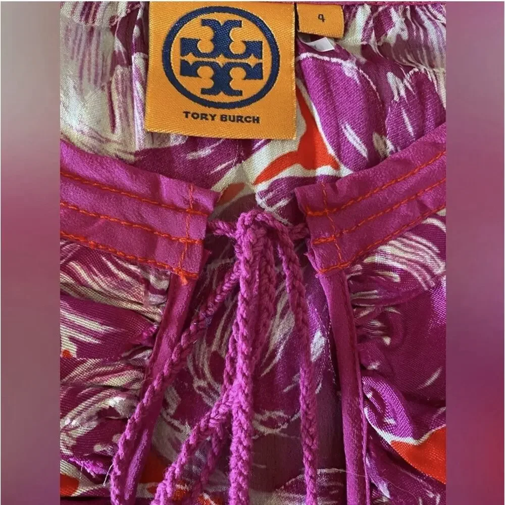 Tory Burch Silk Sheer Tassel Tunic Blouse Pink Purple Boho Resort Top Sz 4